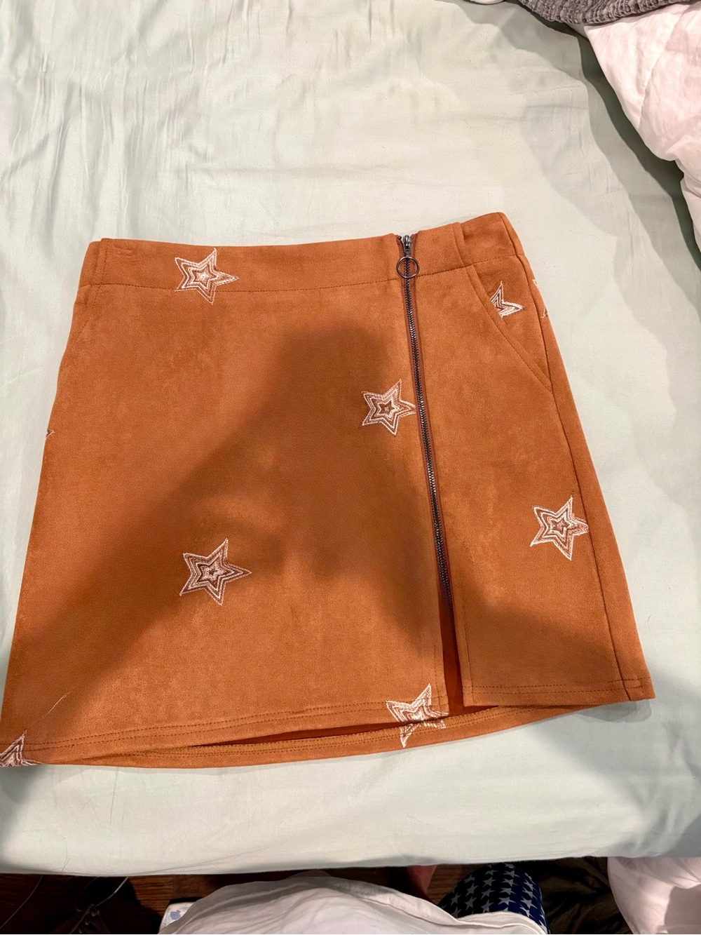 Promesa Rust Orange Suede Mini Skirt with White Star Embroidery